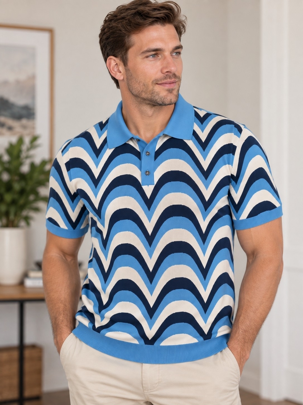 Paisley & Gray Retro Chevron Blue & Cream Knit Polo
